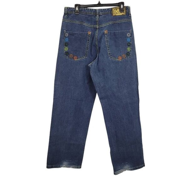 Y2K Brooklyn Bklyn Xpress Skater Grunge Rave Loose Jeans 34x30 Floral Stitching